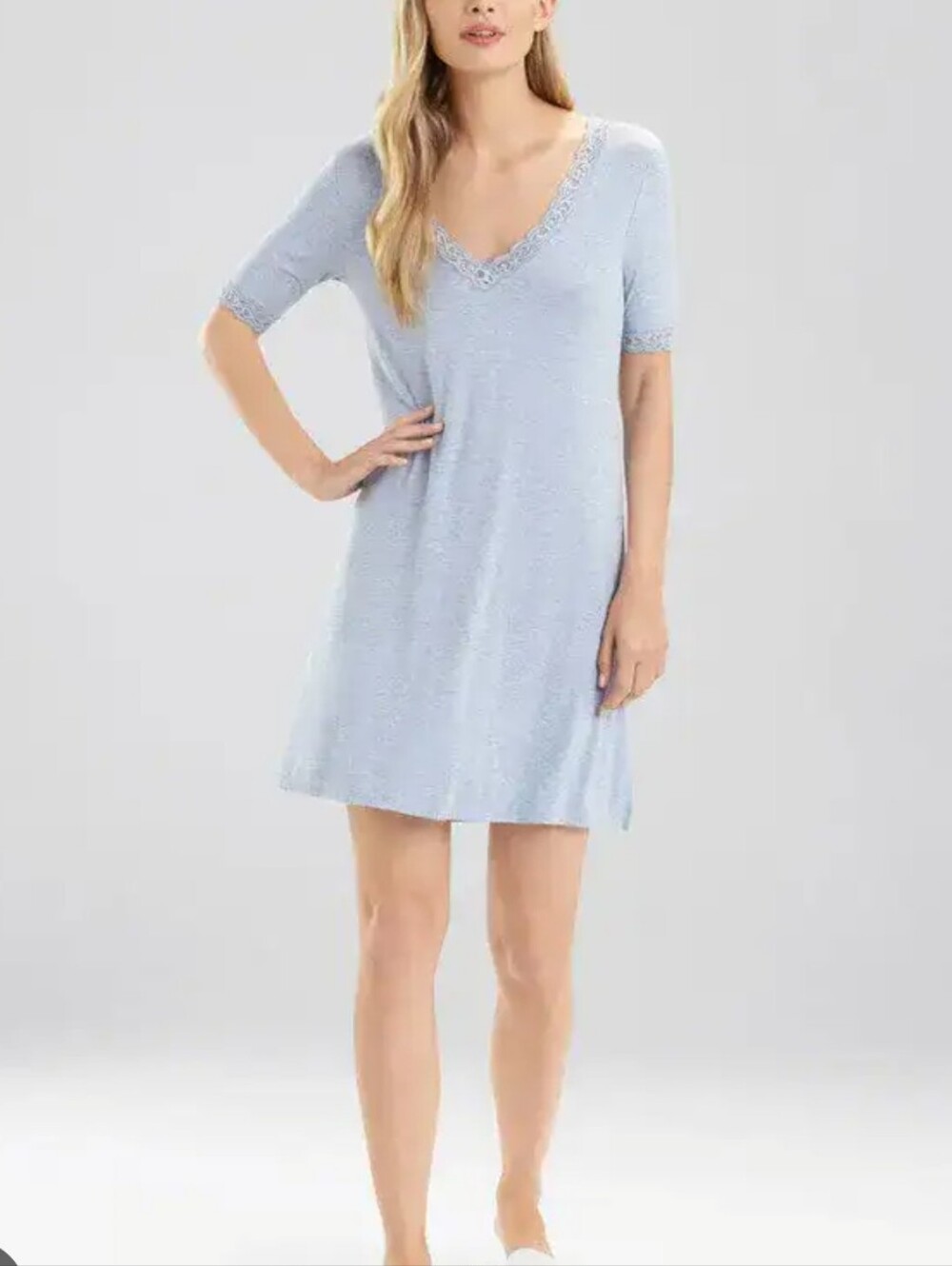 Natori Feathers Jersey Essentials Sleepshirt Heather Blue Grey Lace Trim
